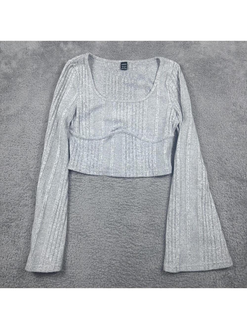 SHEIN Gray Ribbed Long Sleeve Cropped Top Size M